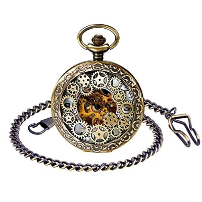 Image of MICGIGI Unisex Mechanical Hand Wind Pocket Watch Retro Gear Punk Skeleton Fob Watches with Chain