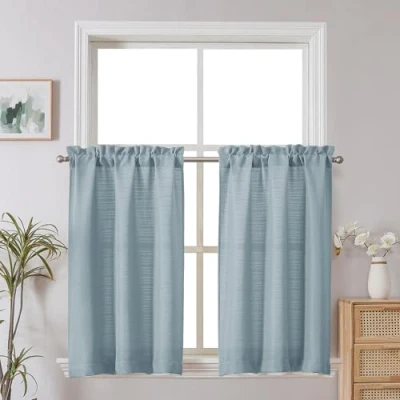 Image of Chyhomenyc Bennet 2 Panels Aqua Blue Kitchen Curtains 36 inch Length Tier Curtains, Faux Linen Textured Small Cafe Light Filtering Short Window for Bathroom Basement, 30x36