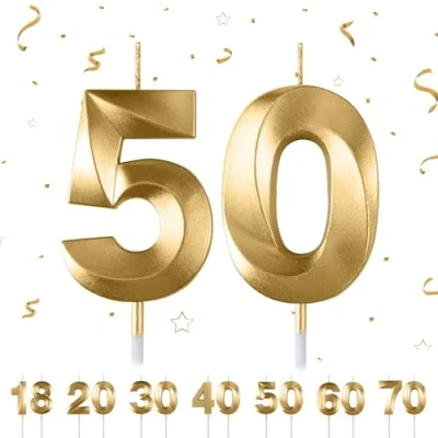 Image of 50th Birthday Number Candles,3D Gold Candle,Number 50 Candle for Party Cake Topper Decorations Woemn Men Anniversary Supplies