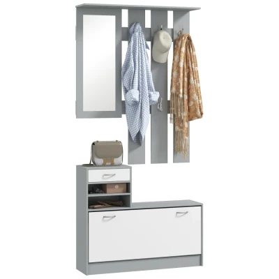 Image of HOMCOM Hallway Furniture Set with Shoe Storage Cabinet and 6 Hooks Coat Rack, Unit Mirror, Drawer Adjustable Shelf, Dark Grey