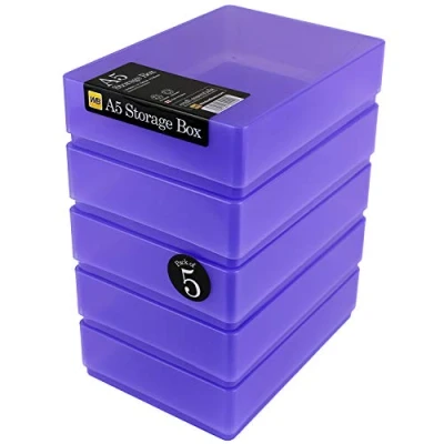 Image of WestonBoxes A5 Plastic Craft Storage Boxes with Lids for Art Supplies, Paper and Card 1.8 Litre Volume (Purple, Pack of 5)