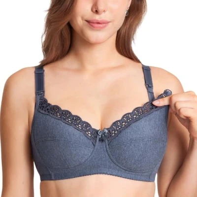 Image of Gratlin Women&#039;s Nursing Bras Cotton Plus Size Maternity Wireless Comfort Breastfeeding Bra Blue Marl 38H