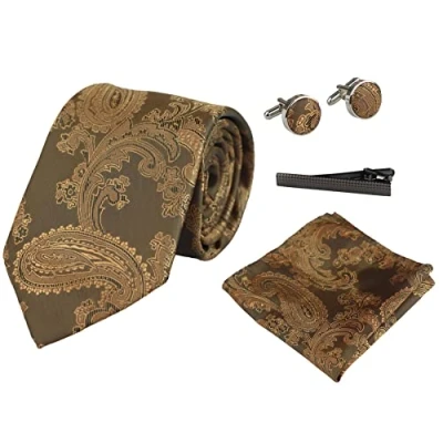 Image of TruClothing Paisley Neck Tie Gift Set Pocket Square Cuff Links Floral Satin Bronze 113 One Size
