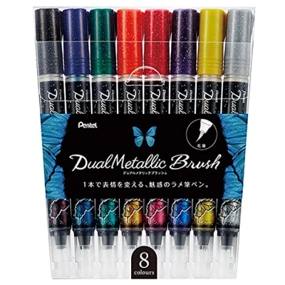 Image of Pentel GFH D8ST Dual Metallic Brush Pen, Depending on Paper Colour, Filled With Iridescent Glitter Ink, Nylon Fibres, Set of 8 Assorted