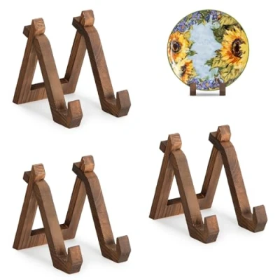 Image of ANBOXIT Plate Display Stand, 3 Pack 6 Inch Holder for Displaying, Decorative Picture Frame Dish Photo Plaque Platter Wood Stand