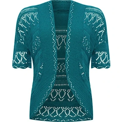Image of WearAll Womens Plus Size Crochet Knitted Short Sleeve Ladies Open Cardigan Top Teal 18 20