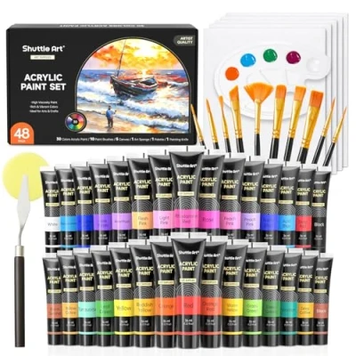 Image of Shuttle Art 48 Pack Acrylic Paint Set, 30 Colours (36ml) with 10 Brushes 5 Canvas 1 Palette Sponge, Complete Set for Kids, Adults Painting Kit on Rocks Wood Ceramic
