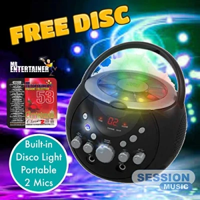 Image of Mr Entertainer Bluetooth Boombox Karaoke Machine Package. Includes built in disco light, portable and Two Mics + FREE Xmas CDG
