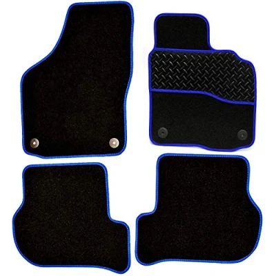 Image of Sakura WW0974BU Car Mats with Drivers Side Rubber Heel Pad, Black/Blue Trim