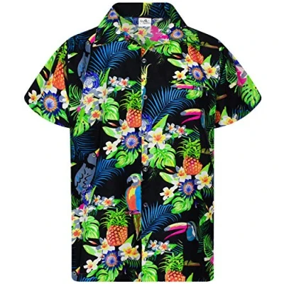Image of King Kameha Mens Vintage Hawaiian Shirt Casual Short Sleeve Button Down Bird Designs, Parrot Cockatoo, Black, XL