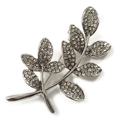 Image of Avalaya Delicate Clear Crystal Leaf Brooch (Silver Tone Metal)