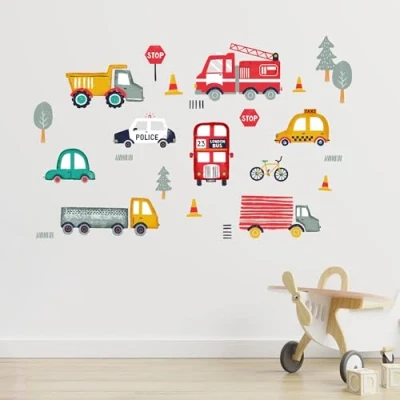 Image of Happy Linen Company Kids Road Trip Transport Blue 24 Peel and Stick Wall Stickers Bedroom Decor Decal