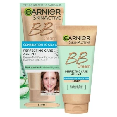 Image of Garnier Oil Free Perfecting All in 1 BB Cream, Shade Light, Tinted Moisturiser SPF25, Mattifies Skin &amp; Evens Complexion, With Hyaluronic Acid, Aloe Mineral Pigments, 50ml