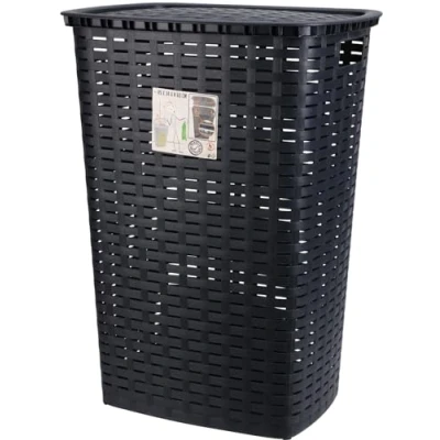 Image of 53 Litre Large Plastic Laundry Basket with Lid Rattan Washing Clothes Storage Hamper Bin (Black)