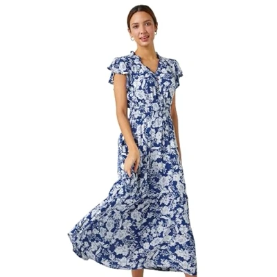 Image of Roman Originals Shirred Waist Dress for Women UK Ladies Midi Maxi Summer Spring Tiered Frill Hem Short Sleeve V Neck Button Through Boho Bohemian Gypsy Holiday Navy &amp; White Size 20