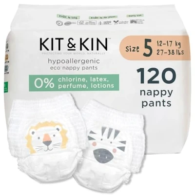 Image of Kit &amp; Kin Premium Eco Friendly and Sustainable Baby Nappy Pants Size 5 Hypoallergenic with Flash Dry High Performance Layer Vegan Chlorine Free Superior Leak Protection 120 Nappies