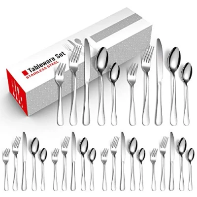 Image of Cutlery Set, Home Safety 30 Piece Dinnerware/Flatware/Silverware Stainless Steel Dinner Service for 6, Mirror Polished Dishwasher Safe, Include Knife/Fork/Dessert Fork/Spoon/Teaspoon(Silver)