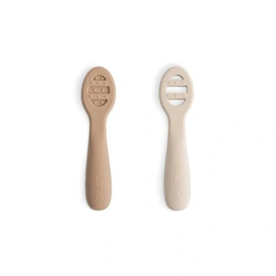 Image of Mushie First Feeding Baby Spoons BPA Free Silicone Learning 2 Pack Dishwasher Safe Durable Toddler Utensils Natural/Shifting Sand