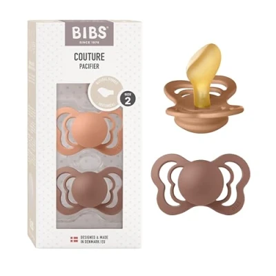 Image of BIBS Couture Soother 2 Pack, BPA Free Dummy Pacifier, Anatomical Nipple. Natural Rubber Latex, Size (6 18 Months), Peach/Woodchuck