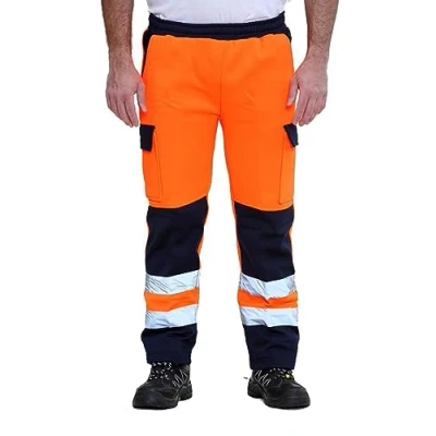 Image of Mens High Visibility Winter Work Contrast Panel Pants Hi Vis Pocketed Two Tone Fleece Trousers Adults Unisex Utility Viz Outdoor (Orange/Navy Medium)