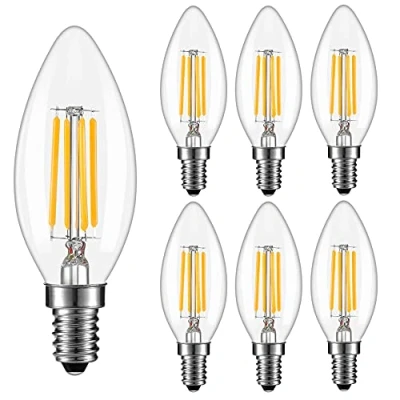 Image of HuikeHuike 6 Pack, E14 LED Dimmable Filament Candle Light Bulbs, Bulb 2700K Warm White, 4W C35 Small Edison Screw Candelabra Bulb, 40W Incandescent Equivalent