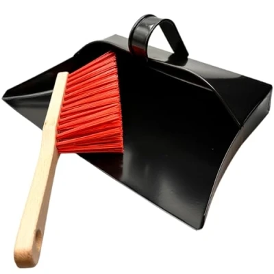 Image of LSC Heavy Duty Metal Dustpan with PVC Hand Brush Industrial Design Large Black Hooded Set Cleaning Scoop Suitable for Homes, Burners, Workshops, and Gardens (RED)