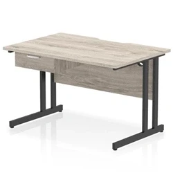 Image of Impulse 1200 x 800mm Scalloped Edge Office Desk Grey Oak Top Black Cantilever Leg Workstation 1 Drawer Fixed Pedestal
