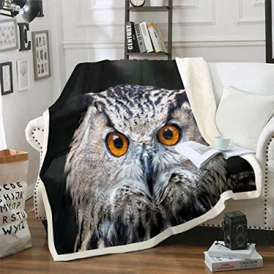 Image of Owl Sherpa Blanket 3D Animal Pattern Fleece Throw for Sofa Couch Bed Cute Bird Decor Plush Wildlife Style Warm Fuzzy Single 50&quot;x60&quot;
