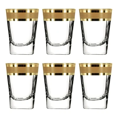 Image of Roman Deluxe Shot Glasses Set of 6 with Unique Unusual Gold Rim Decor/Fancy Vodka Shots/Pretty Tequila Glasses/Heavy Base 80ml Gift for Women or Men (Gold Modern Decor)