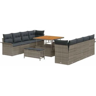 Image of vidaXL 11 Piece Garden Sofa Set with Cushions Grey Poly Rattan Acacia