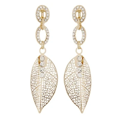Image of Clip On Earrings Gold Plated Leaf With Clear Crystals Ava