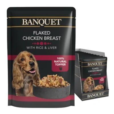 Image of HiLife Banquet Wet Dog Food Flaked Chicken Breast, Rice, Liver 100% Natural Ingredients, 15 Pouches x 100g
