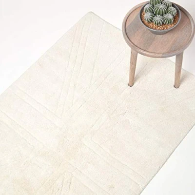 Image of HOMESCAPES 100% Cotton Washable Tufted Rug Union Jack Plain Embossed Mat Ivory Cream 90 x 150 cm Interior or Extra Large Bath