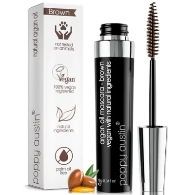 Image of Poppy Austin Vegan Mascara Brown Volume And Length Waterproof Gentle, Hypoallergenic Volumising Mascara, Organic &amp; Cruelty Free All Natural For Sensitive Eyes (9 Grams, Brown)