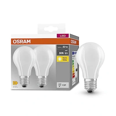 Image of OSRAM Base Classic A Glfr 60 Led Lamp with E27 Base, Bulb Shape, Twin Pack, 6.5W, 806Lm, 2700K, Warm White Light, Low Heat Output, Long Life, Energy Consumption