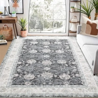 Image of LuxFocus Washable Rug for Living Room 120 x 170 cm Distressed Oriental Non Slip Carpet Low Pile Retro Accent Area Vintage Bedroom Dining Home Office Dark Grey