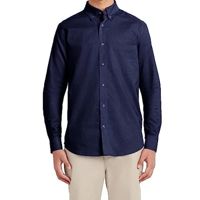 Image of Nautica Young Men&#039;s School Uniform Long Sleeve Performance Oxford Button Down Shirt, Navy, Large