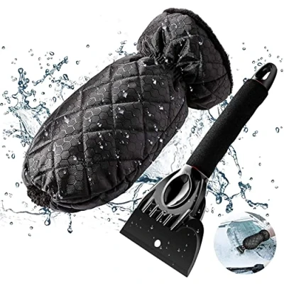 Image of ESTOVE Car Ice Scraper, Snow Scraper Tool with Warm &amp; Waterproof Glove for Windshield, Windscreen, Frost Day, black