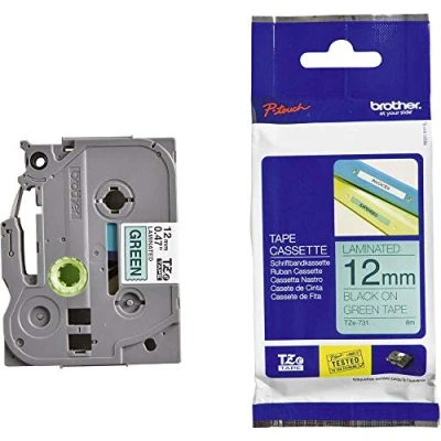 Image of Brother TZe 731 Labelling Tape Cassette, Black on Green, 12 mm (W) x 8 m (L), Laminated, Genuine Supplies