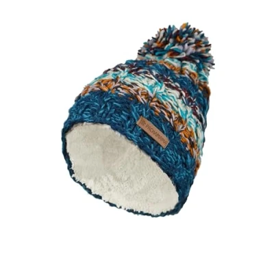 Image of Pachamama Women Wool Beanie Bobble Hat Sherpa Fleece Lined Handknitted Blue Multicoloured One Size Handmade Extra Warm Fair Trade