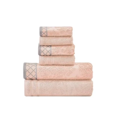Image of Pacific Coast Textiles Damask Jacquard Towels with Embellished Border, Cotton, Peach, Set of 6