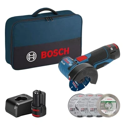 Image of Bosch Professional 12V System GWS 76 cordless angle grinder (including 2x2.0 Ah battery, 5 piece cutting and grinding disc set, in bag)