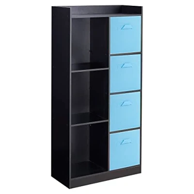 Image of URBNLIVING Tall Wooden 7 Cube Bookcase Shelving Display Storage Unit Cabinet Shelves New (Black Bookcase) (Light Blue Drawer)