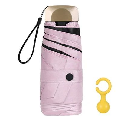 Image of Vicloon Mini Umbrella, Pocket Umbrella （Pink） with Golden Handle, 210T Black Rubber Cloth &amp; 6 Aluminum Alloy Ribs, Foldable Compact Travel UPF&gt;50+ UV Resistance, Rain and Sun