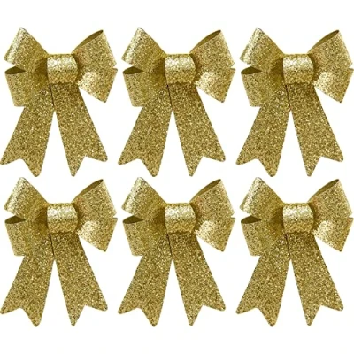 Image of HOVUK 6x Champagne Gold Glitter Christmas Tree Bows, Decorations Ornaments, Xmas Decoration Wrapping Craft Supplies 18cm