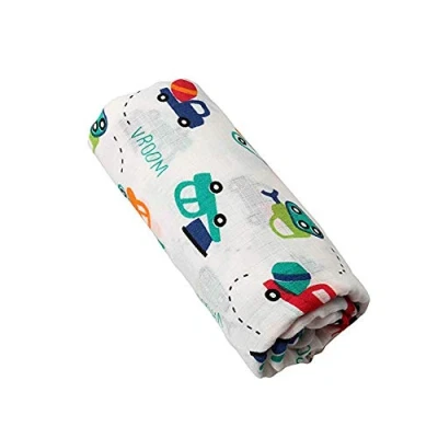 Image of Eyand Baby Muslin Cloths Soft Bamboo Cotton Swaddle Blankets, Car Print Blankets 120 x 120cm