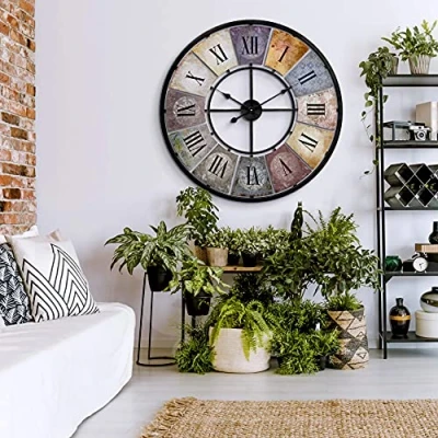 Image of Large Vintage Wall Clock Retro XXL Antique Metal Stainless Steel Shabby Chic Roman Numerals for Living Room Diameter 80 cm Art (Metal Colourful)
