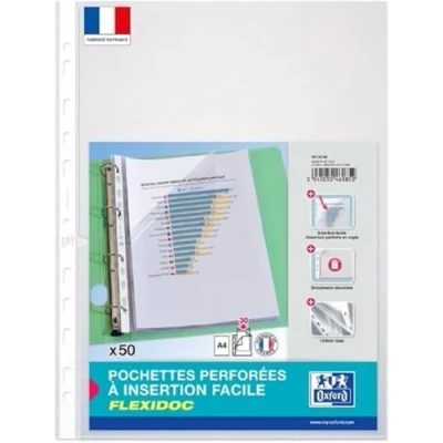 Image of OXFORD Pack of 50 Perforated Pockets with Side Opening Flexidoc A4 Smooth Polypropylene Thickness 7/100 Colourless
