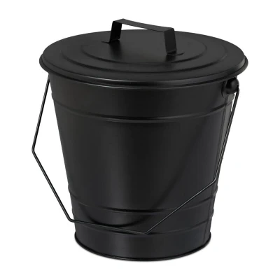 Image of Relaxdays Ash Bucket with Lid, Handle, 7 Litres, Iron, Bin for Coal &amp; Ash, Fireplace, Oven, Bucket, Black