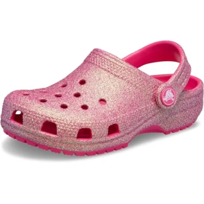 Image of Crocs Classic Iridescent Glitter Mules for kids, Size: 11K, Dragon fruit Synthetics